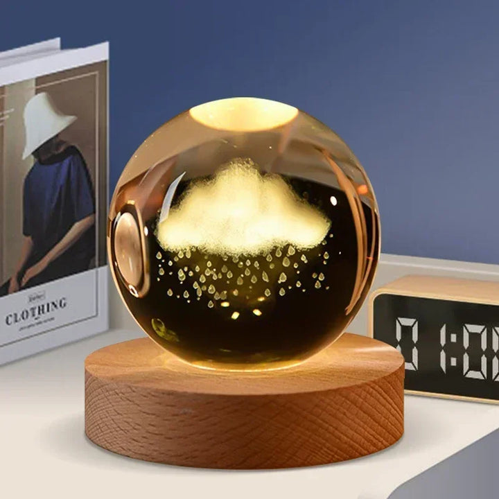 Enchanting 3D Crystal Ball LED Night Light with Wooden Base - Laser Engraved Solar System Globe for Home Decor & Unique Birthday Gift