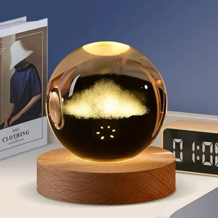 Enchanting 3D Crystal Ball LED Night Light with Wooden Base - Laser Engraved Solar System Globe for Home Decor & Unique Birthday Gift