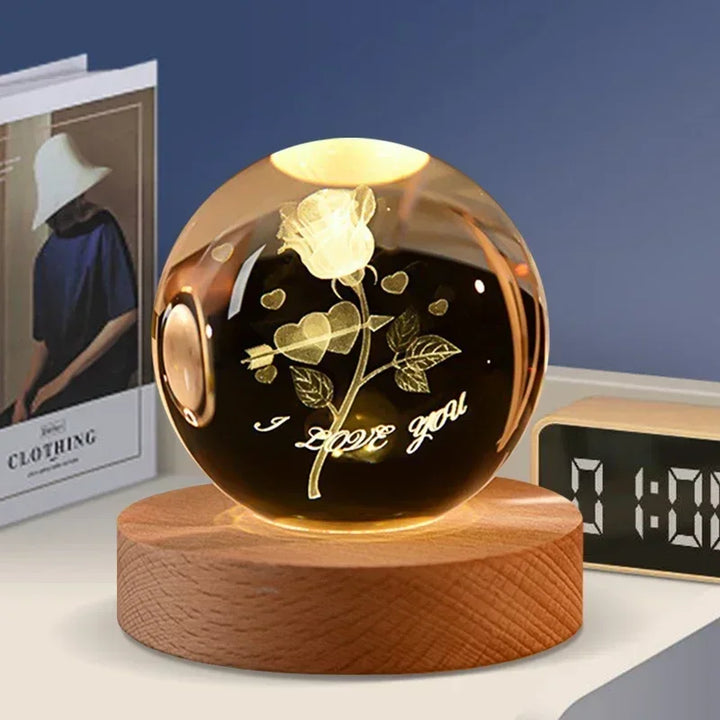 Enchanting 3D Crystal Ball LED Night Light with Wooden Base - Laser Engraved Solar System Globe for Home Decor & Unique Birthday Gift