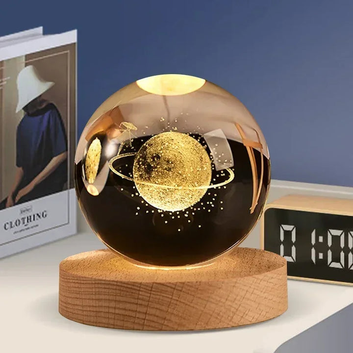 Enchanting 3D Crystal Ball LED Night Light with Wooden Base - Laser Engraved Solar System Globe for Home Decor & Unique Birthday Gift